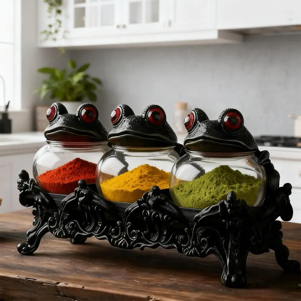 Handcrafted Witchy Frog Apothecary Spice Jars Clear Seasoning Jars 3 Piece Frog Spice Jar Set Spice Containers for Salt Pepper