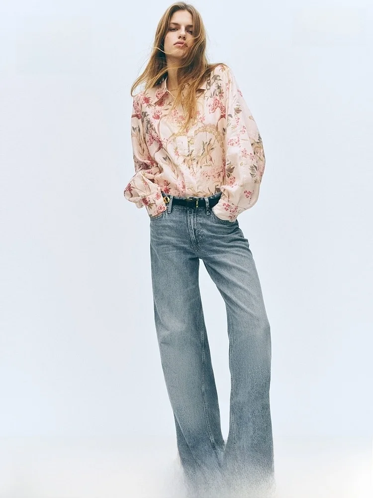 

H&M Spring New Women's Linen Shirt Vintage Style Fitted Long Sleeve Printed Button up Classic Collar Linen 100% Regular Thick...