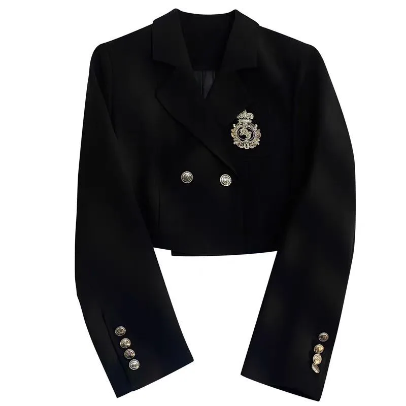 Women's Black Blazer Short Tops College Suit Outerwear Design Spring Autumn New Coat Trendy Street Suit Long-sleeved Tops