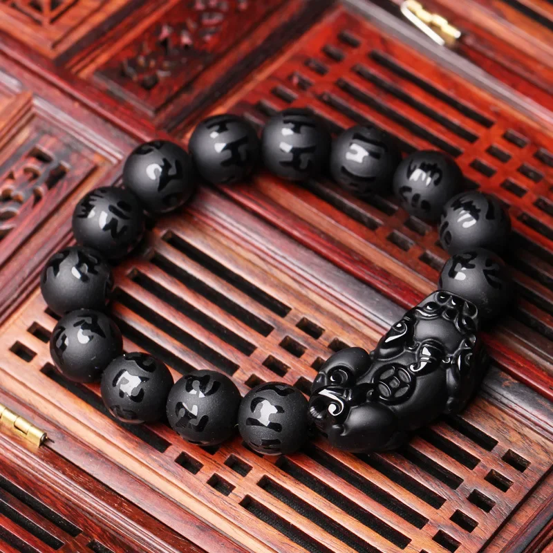 Natural Black Obsidian Matte PiXiu Beaded Charm Bracelet Brave Troops Six-Word Mantra Wealth Pi Yao Bangle DIY Men Women Jewelry