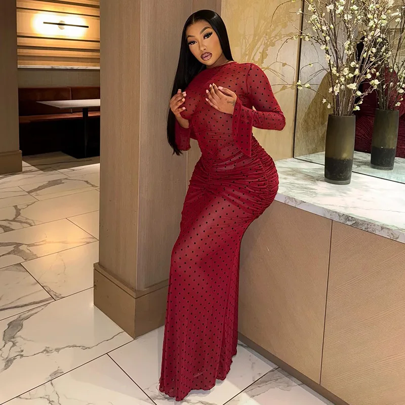 Robe élégante imprimée à pois pour femmes, manches évasées, col rond, moulante, maille transparente, drapée, Maxi, robes de soirée, automne 2025
