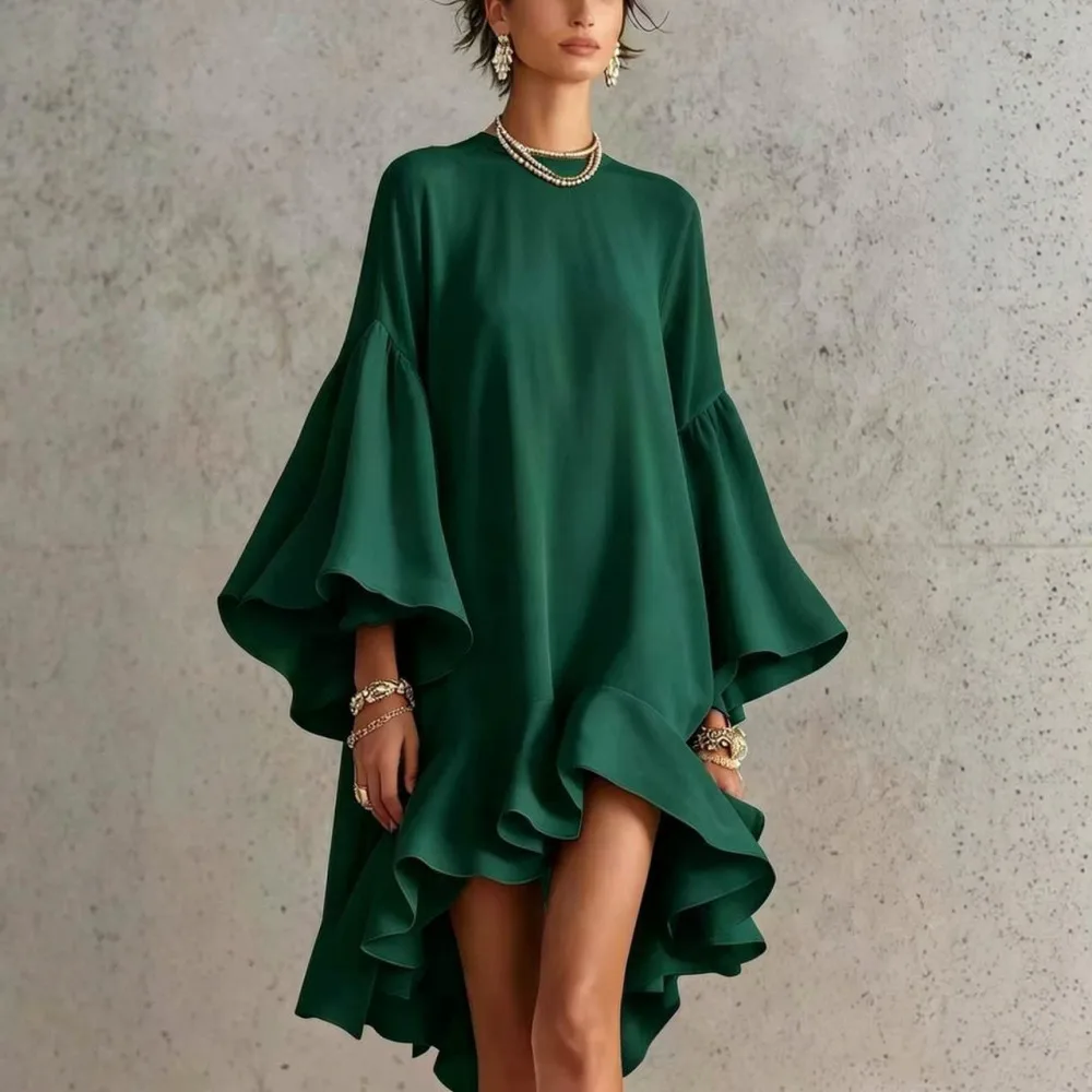 Fashion Womens Chiffon Dress O Neck Flare Long Sleeve Ruffle Asymmetric Hem Loose Fit Casual Party Wedding Elegant