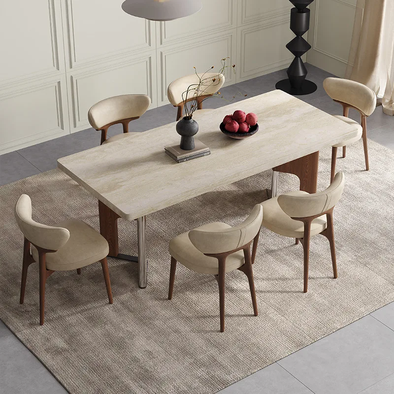 

French Vintage Travertine Slate Dining Table and Chairs Solid Wood Home High-end Villa Medieval Style Hanging