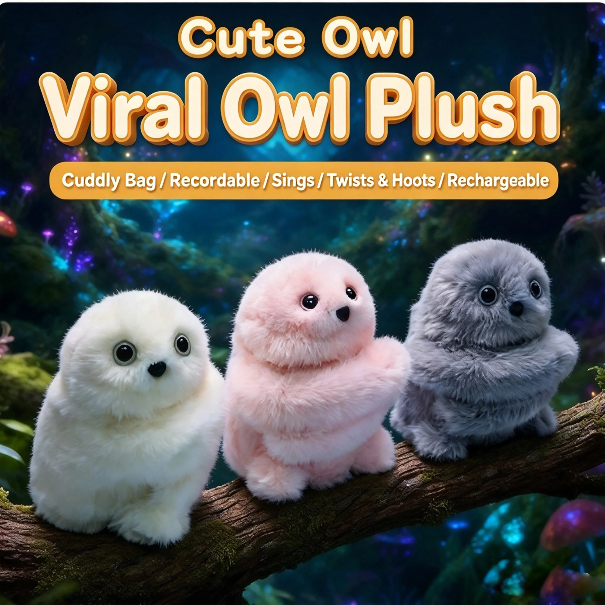 Cute Owl Plush Toy Repeats Your Voice Singing Moving Head Hugging Bag Charm Rechargeable Stuffed Animal Keychain Gift