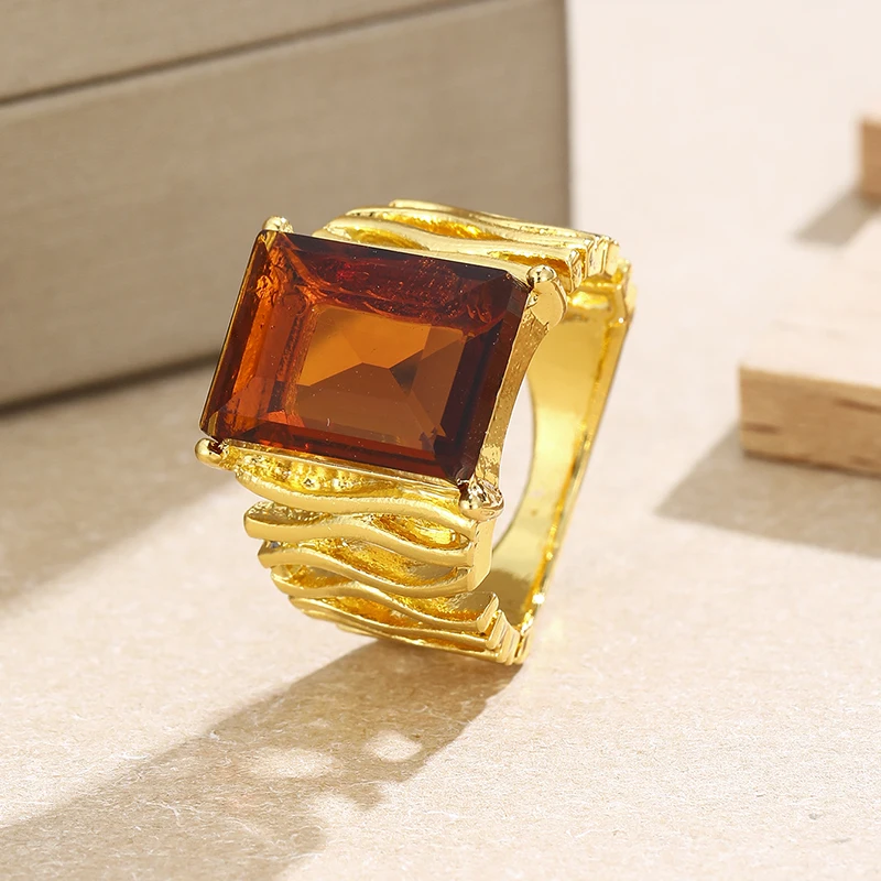 Abstract Twisted Branch Texture Open Ring Gold Inlaid Square Brown Cubic Zirconia Irregular Ring Suitable Women's Dinner Parties