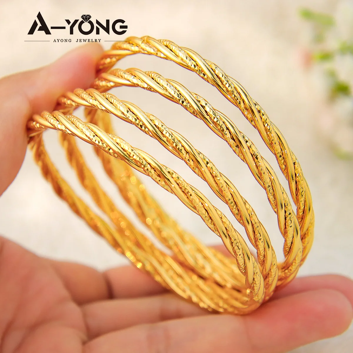 AYONG Arab Gold Color Cuff Bracelets 21k Copper Gold Plated Twisted Personality Bangles Dubai Women Wedding Party Jewelry Gifts