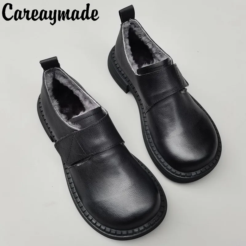 

Careaymade-Genuine leather,pure handmade large head women's shoes,British style,wide fat feet single shoes wool warm women shoes