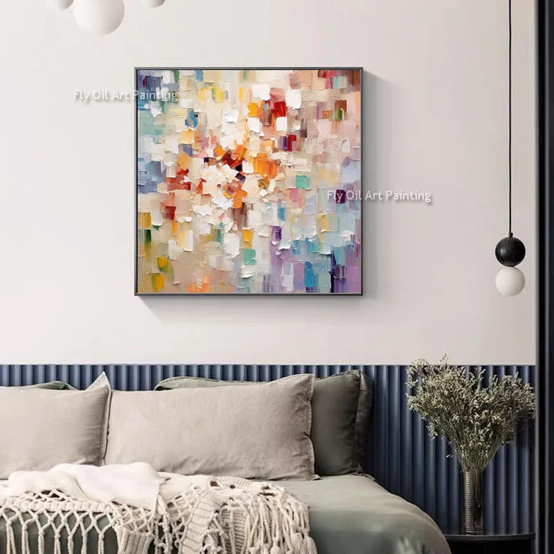 Handmade Pink Yellow Blue Color Blocks Abstract Oil Painting New Design Colorful Block Thick Canvas Wall Art Modern Home Decor