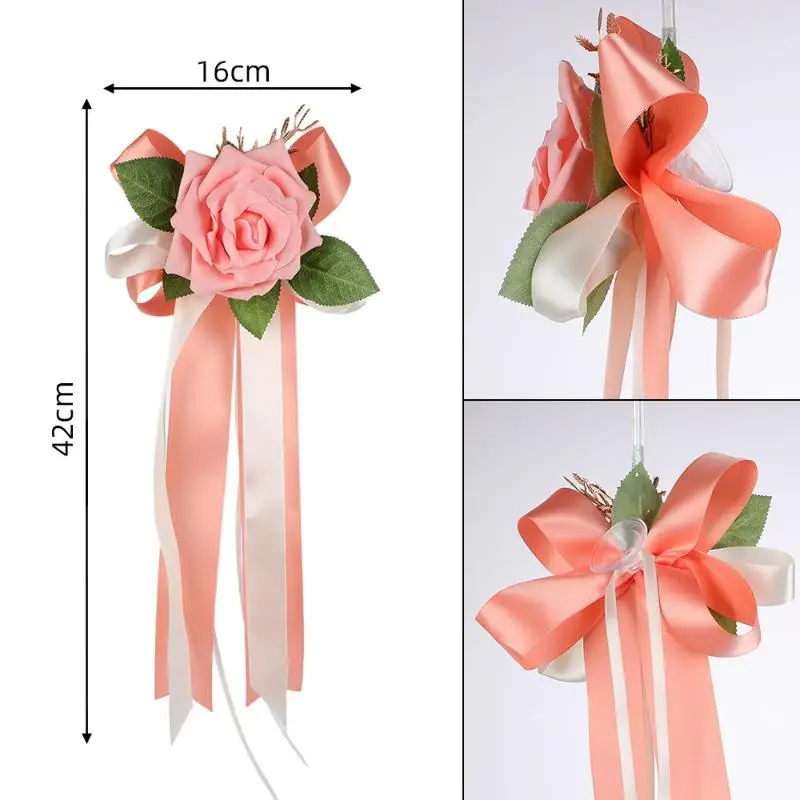 【L】1Pcs Wedding Car Rearview Mirror Flower Decor Classic Bow Door Handle Decoration for Ceremony Party Reception Vehicles