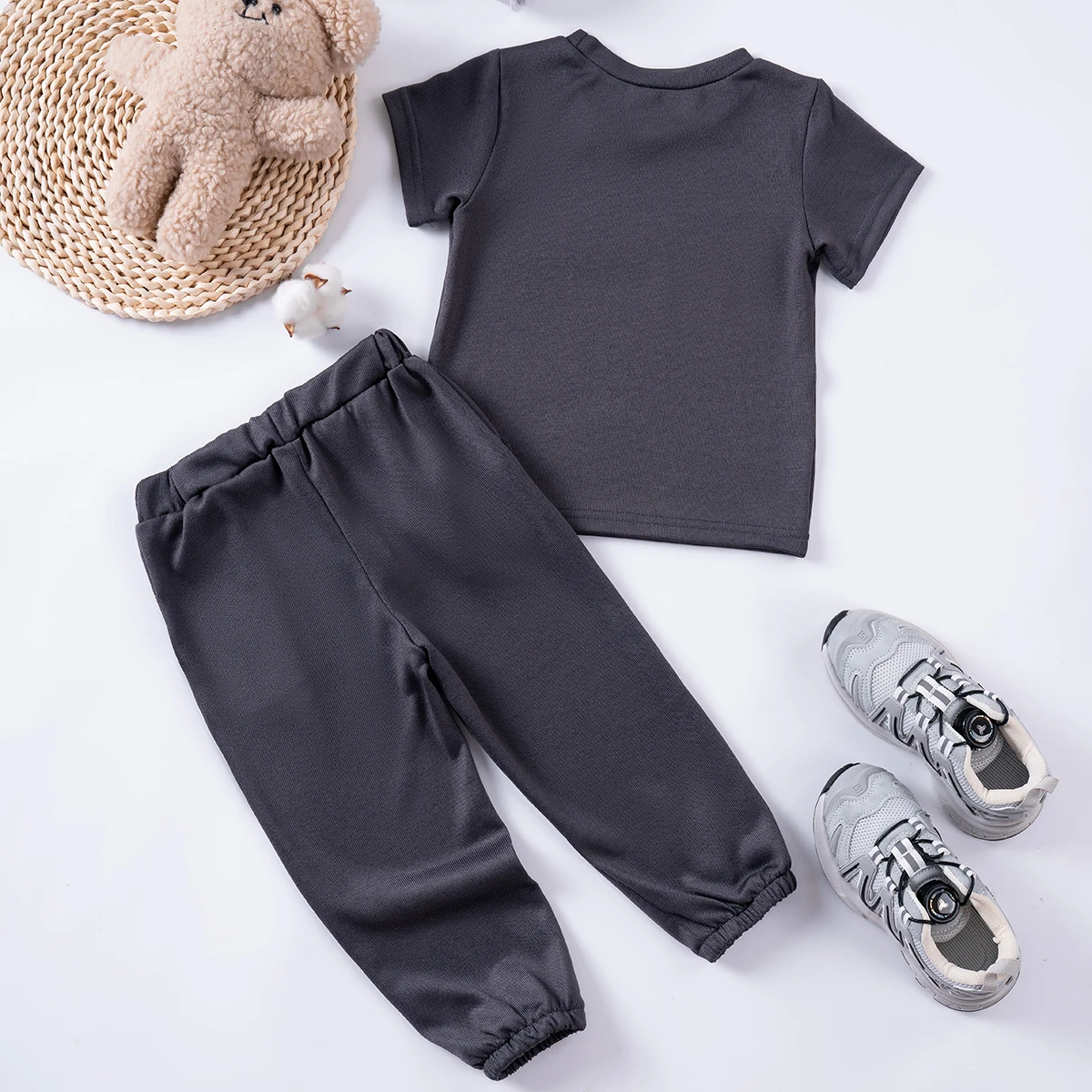 Toddler Boys Autumn Set Solid Color Pullover Comfortable Short Sleeves+Breathable Pants 2 Pieces Fashionable Soft Daily Wear