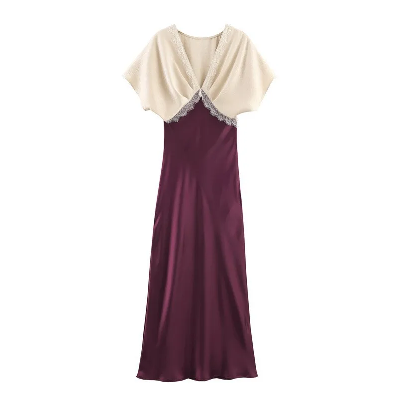 Autumn New Fashionable Simple Contrasting Silk And Satin Texture Dress