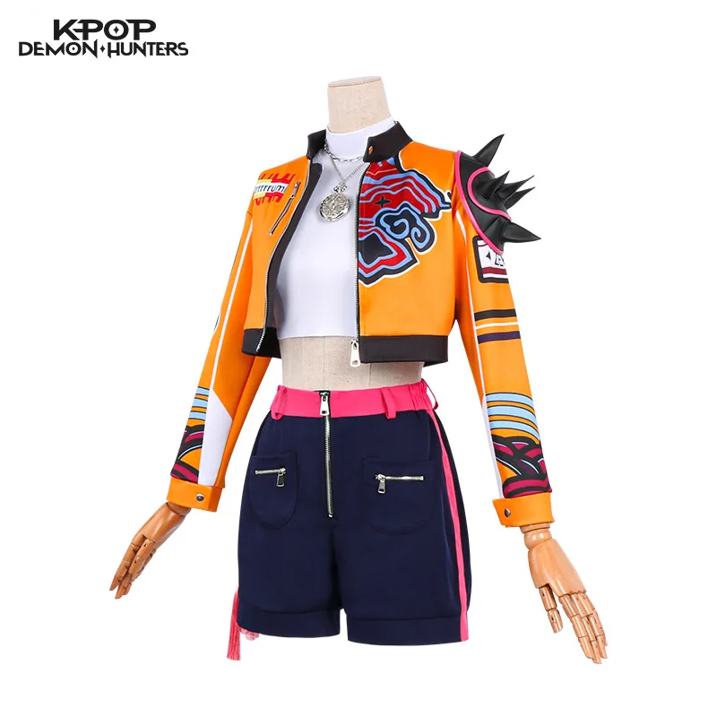 

Rumi Cosplay Costume Anime Movie KPop Demon Hunters Yellow Jacket Huntrix Uniform Earrings Shorts Halloween Women Girls