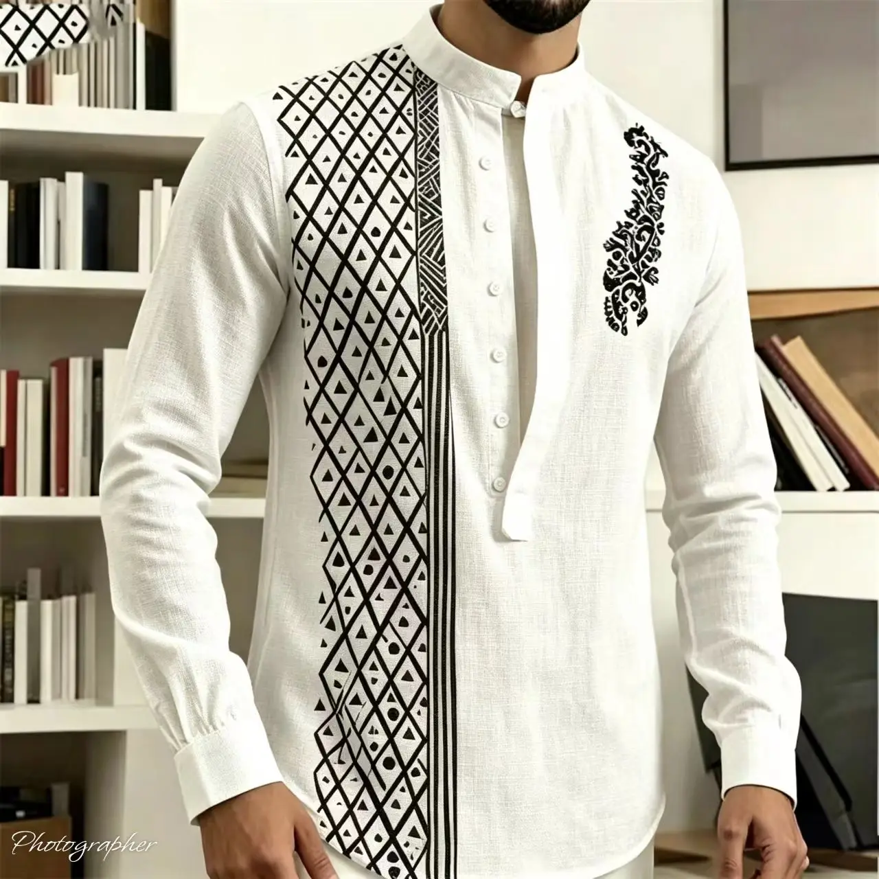 New fashion, men's seven button long sleeved shirt, button up shirt, Henry Beach loose short sleeved shirt, linen shirt