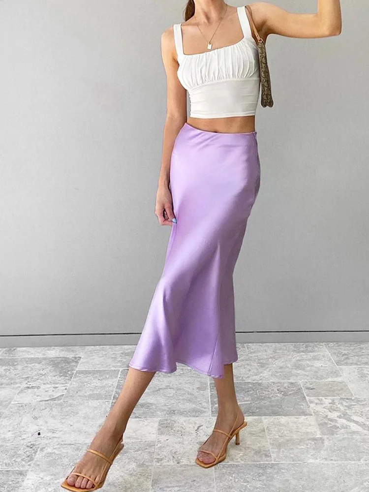 Saia de seda cetim roxo sólido feminino, cintura alta, longa, elegante, saias de escritório femininas, Midi, primavera, verão, novo, 24