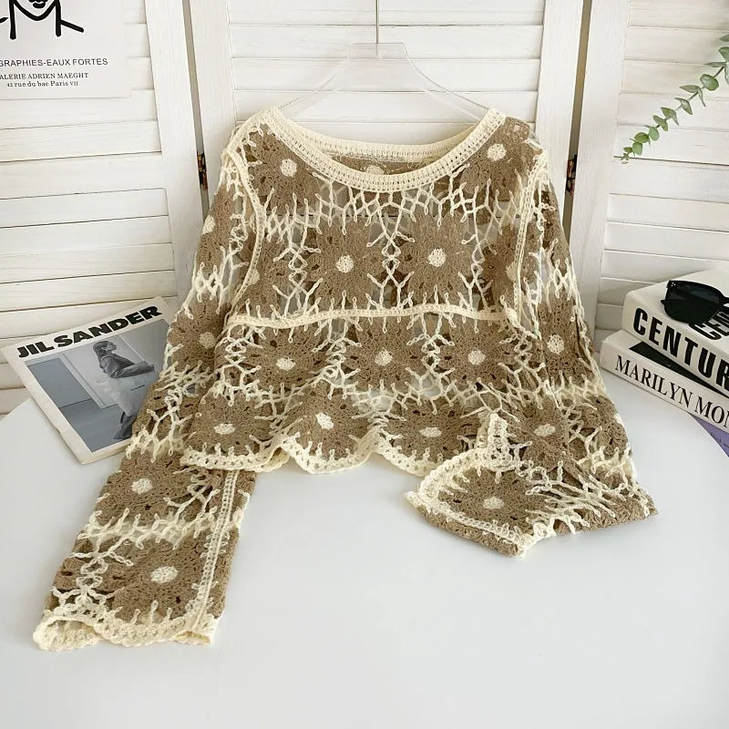 المرأة الصيف سترة طويلة الأكمام الكروشيه الجدة س الرقبة المفتوحة متماسكة المحاصيل سترة أعلى البلوز لاعبا بوهو شاطئ عطلة الزي #1