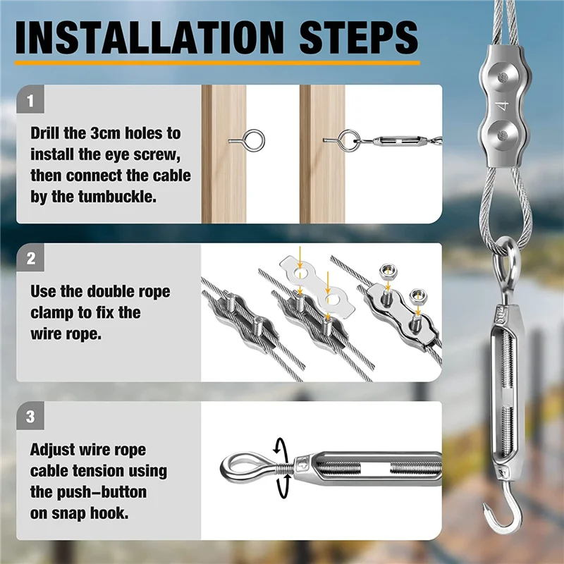 ABSF Silver String Light Hanging Kit Coated Wire Rope With Turnbuckles And Hooks For Deck Railing System Climbing Plants