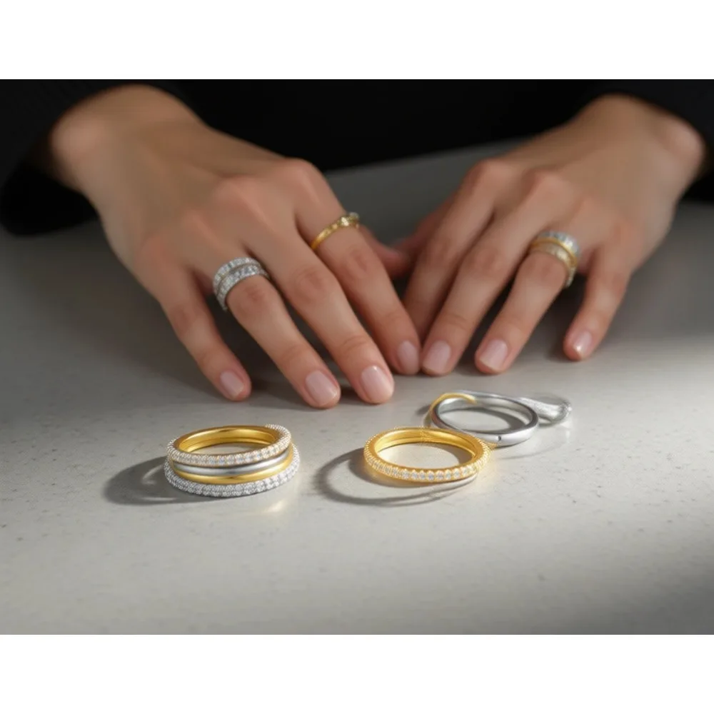 

Кольца из золота 14 карат с переплетающимися элементами для женщин, двухцветные, с фианитами, многослойные, эффектные украшения