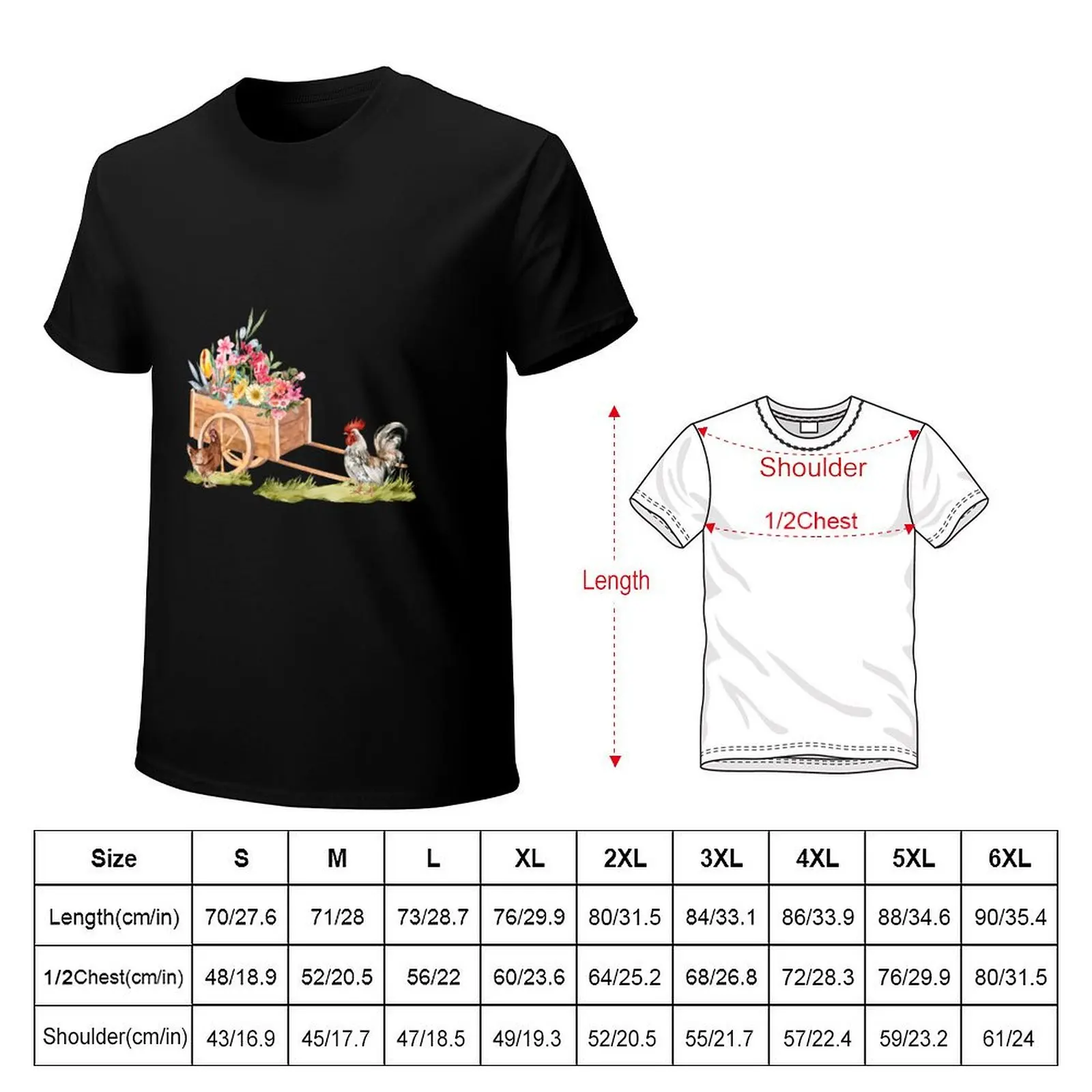 Spring watercolor illustration : wooden cart with flowers near a hen and a rooster T-Shirt t shirts for man cotton funny T-Shirt
