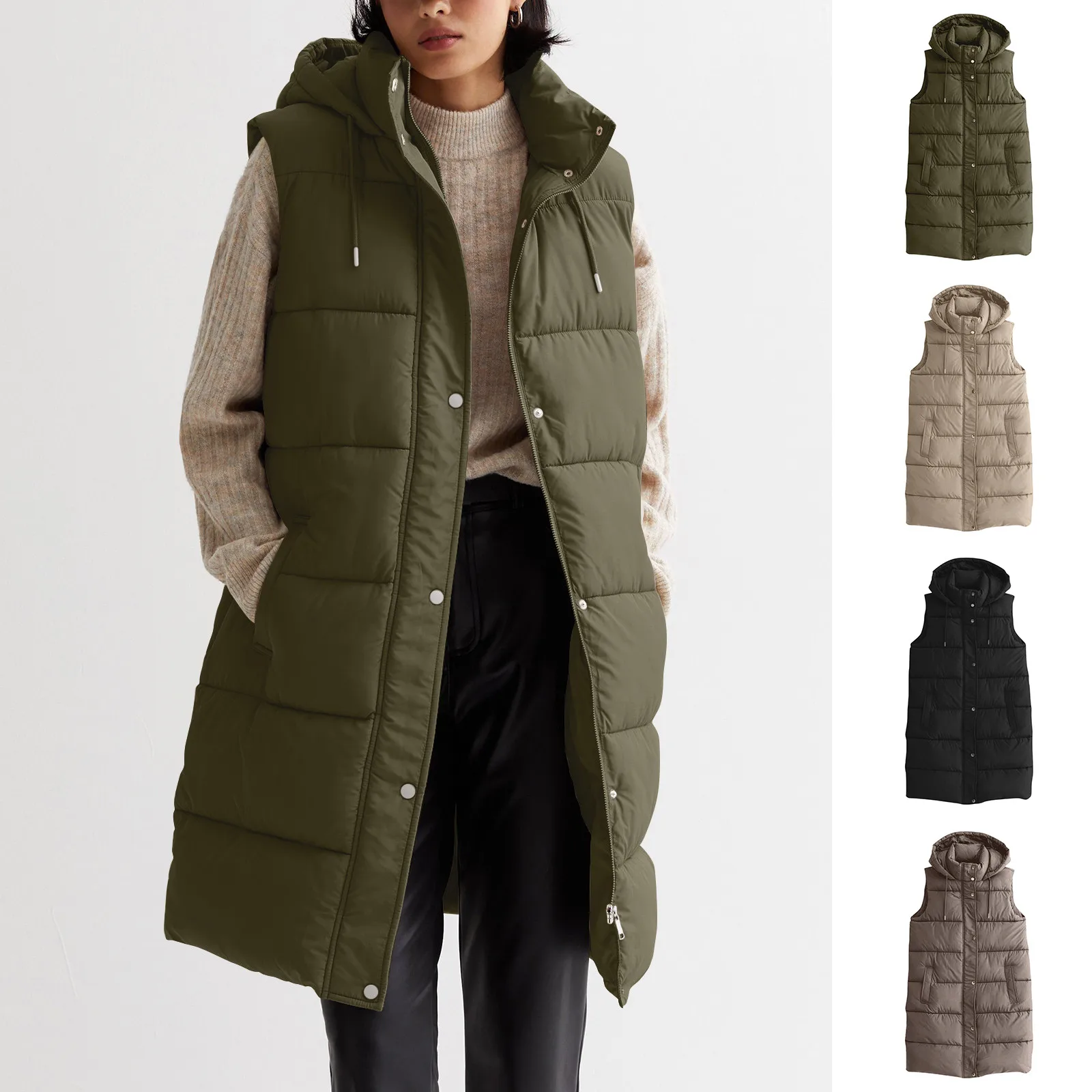 Womens Long Vest Winter Jacket Zip Up Stand Neck Sleeveless Padded Warm Tanks Outwears Ladies Solid Color Hooded Puffer Parkas