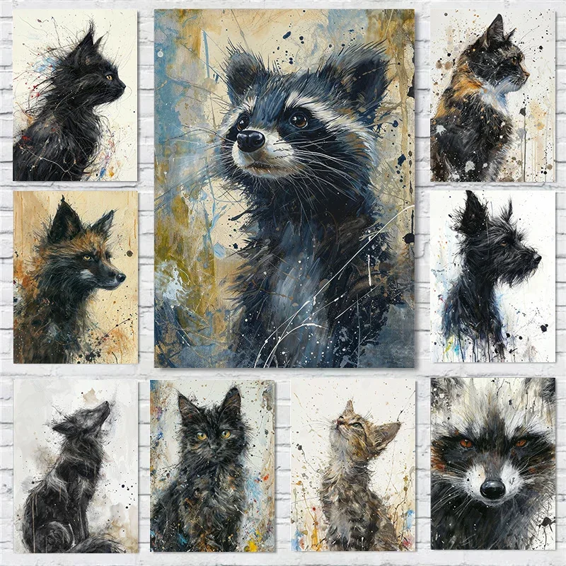 Splash-ink Wild Animals Poster Cat Fox Bear Raccoon Rabbit Prints Canvas Painting Wall Art Pictures Home Room Abstract Decor