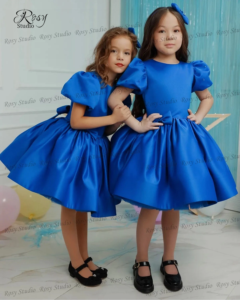 Elegant Puff Sleeves Royal Blue Wedding Party Dresses O-neck A-line Short Royal Blue Prom Gown for Kids robe de fête de mariage