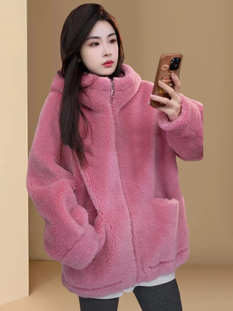 Thickened Autumn Winter New Style Women's Fur Coat Hooded Leather And Fur Integrated Loose Slimming Warm Top Zipper Closure