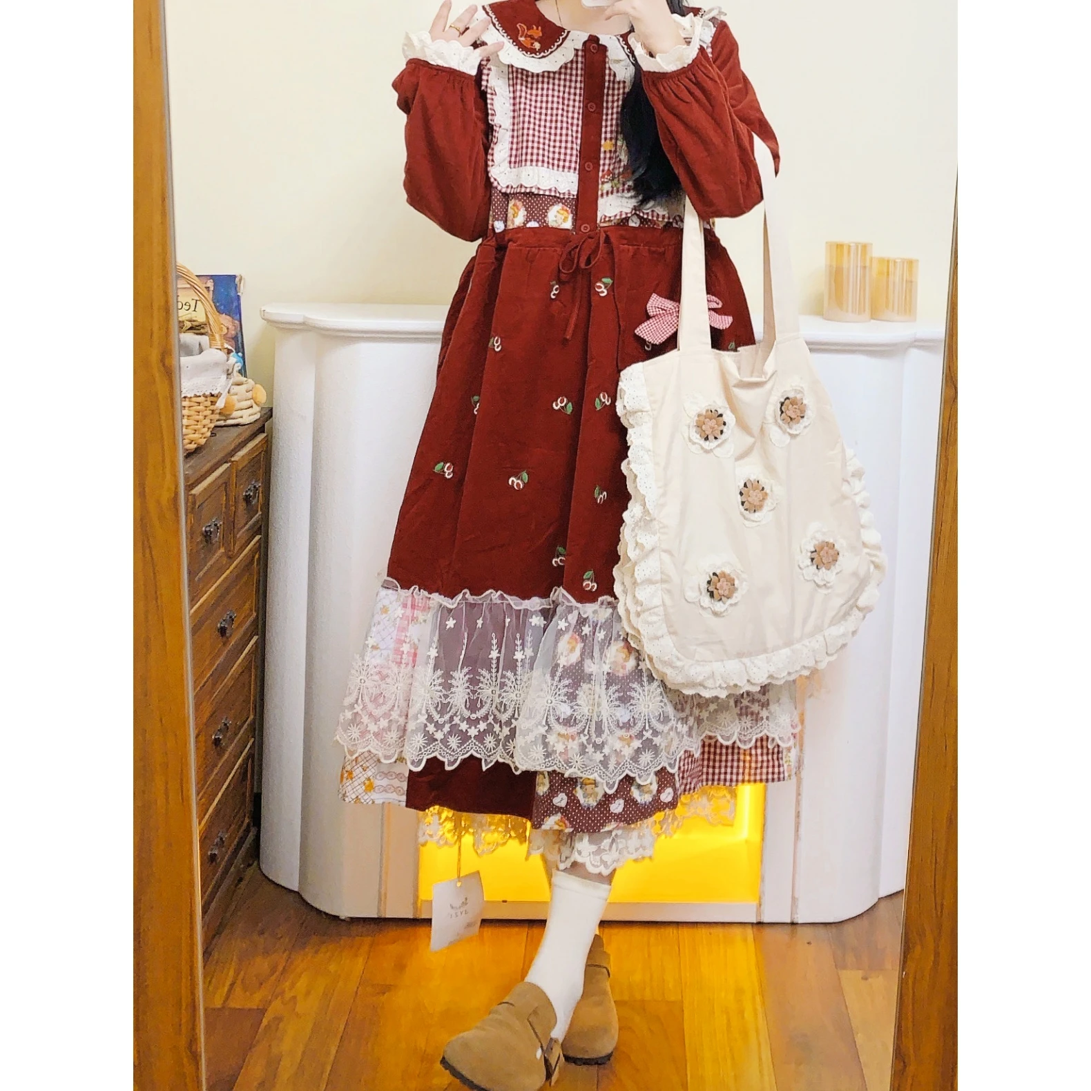 

Vintage Winter Fleece Corduroy Patchwork Midi Dress for Women Mori Girl Sweet Lolita Cottagecore Goblincore Evening Long Dress