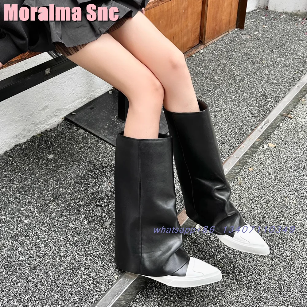 

Pointed Toe Turned-over Edge Knee High Boots Unique Mixed Colors Flat With Fashion Designer Women's Long Boots Autumn Winter New