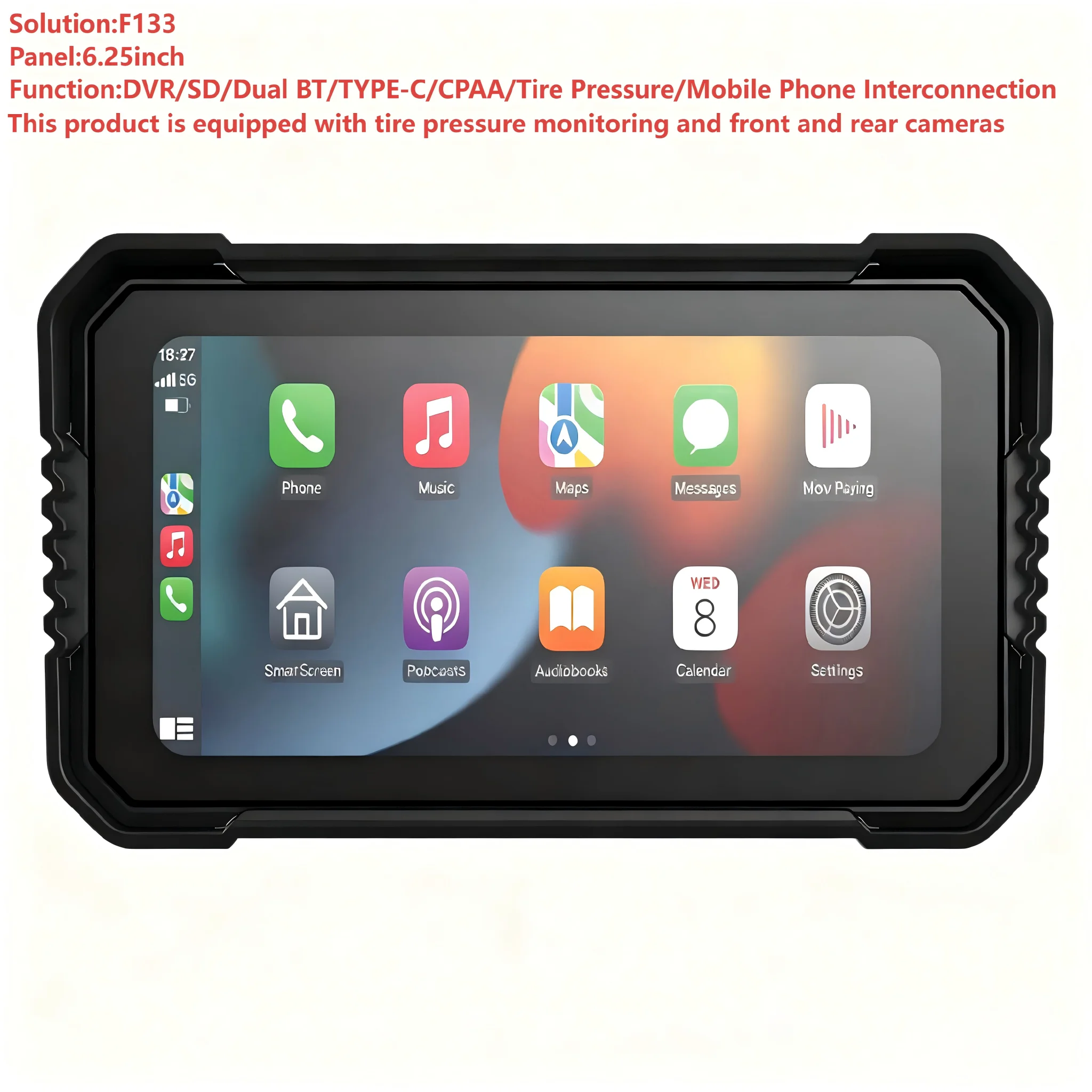 

Мотоциклетный видеорегистратор DST-625F с CarPlay, 6,25-дюймовый мотоциклетный навигатор с передней и задней камерами и мониторингом давления в шинах