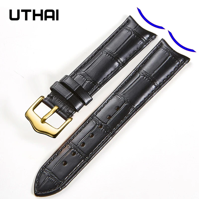 UTHAI F09  Leather Watchband Curved Interface Bamboo Pattern Buckle Business 19mm 20mm 21mm 22mm 24mm Retro Watch Strap