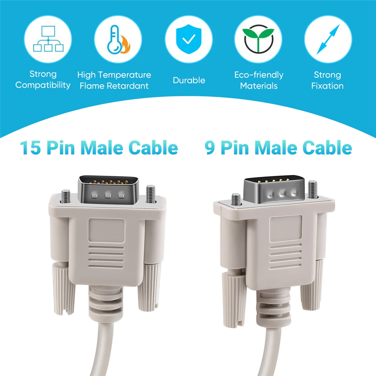 1.4M RS232 DB9 9 دبوس ذكر إلى VGA فيديو 15 دبوس ذكر كابل محول رمادي فاتح