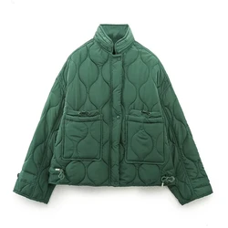 YENKYE New Autumn Women Quilted Hooded Jacket Long Sleeve Pockets Female Oversize Vintage Coat