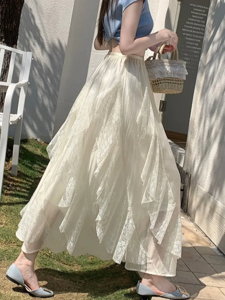 

Элегантная кружевная полуюбка женская летняя мягкая комфортная с высокой талией драпированная длинная юбка с асимметричным подолом Citywalk А-силуэта