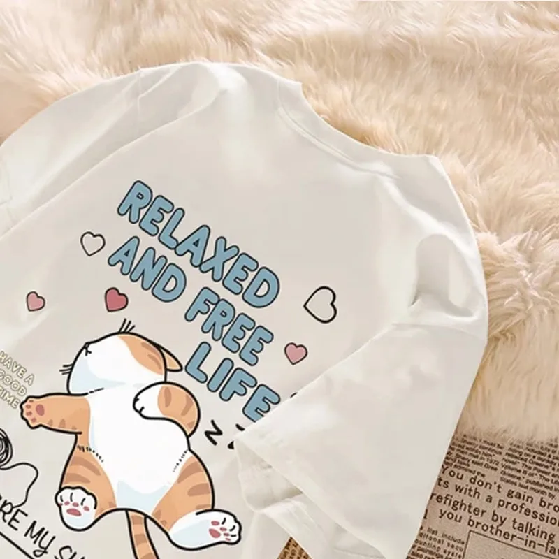 

Summer Cute Cartoon Cat Letter Print Couple Short Sleeved T-shirt Loose Casual Top Women Clothing Y2k Top