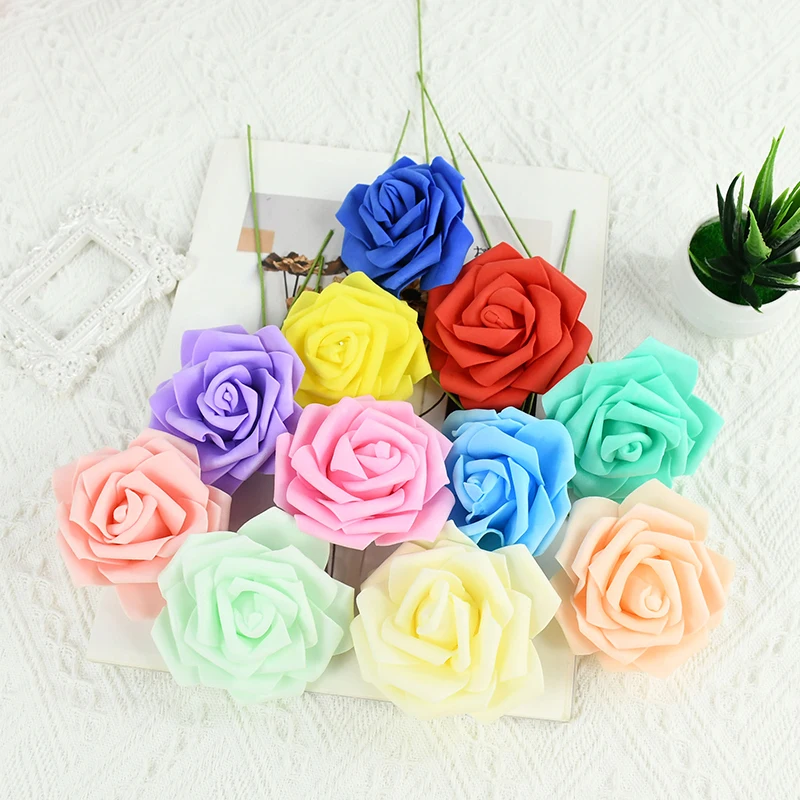 30pcs 8cm Artificial PE Foam Rose Flower Bride Bouquet for Wedding Party Decorative Home Garden DIY Scrapbooking Flower Supplies