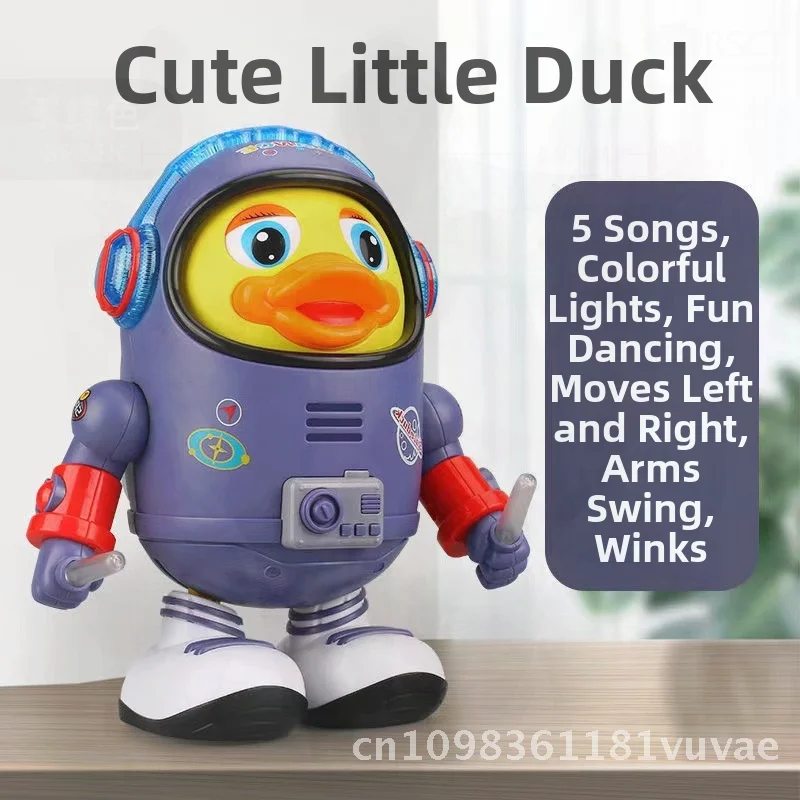 Elektryczna tańcząca kaczka kosmiczna z kreskówkowym wzorem, kolorowymi światłami i muzyką, edukacyjna interaktywna pluszowa zabawka dla dzieci.