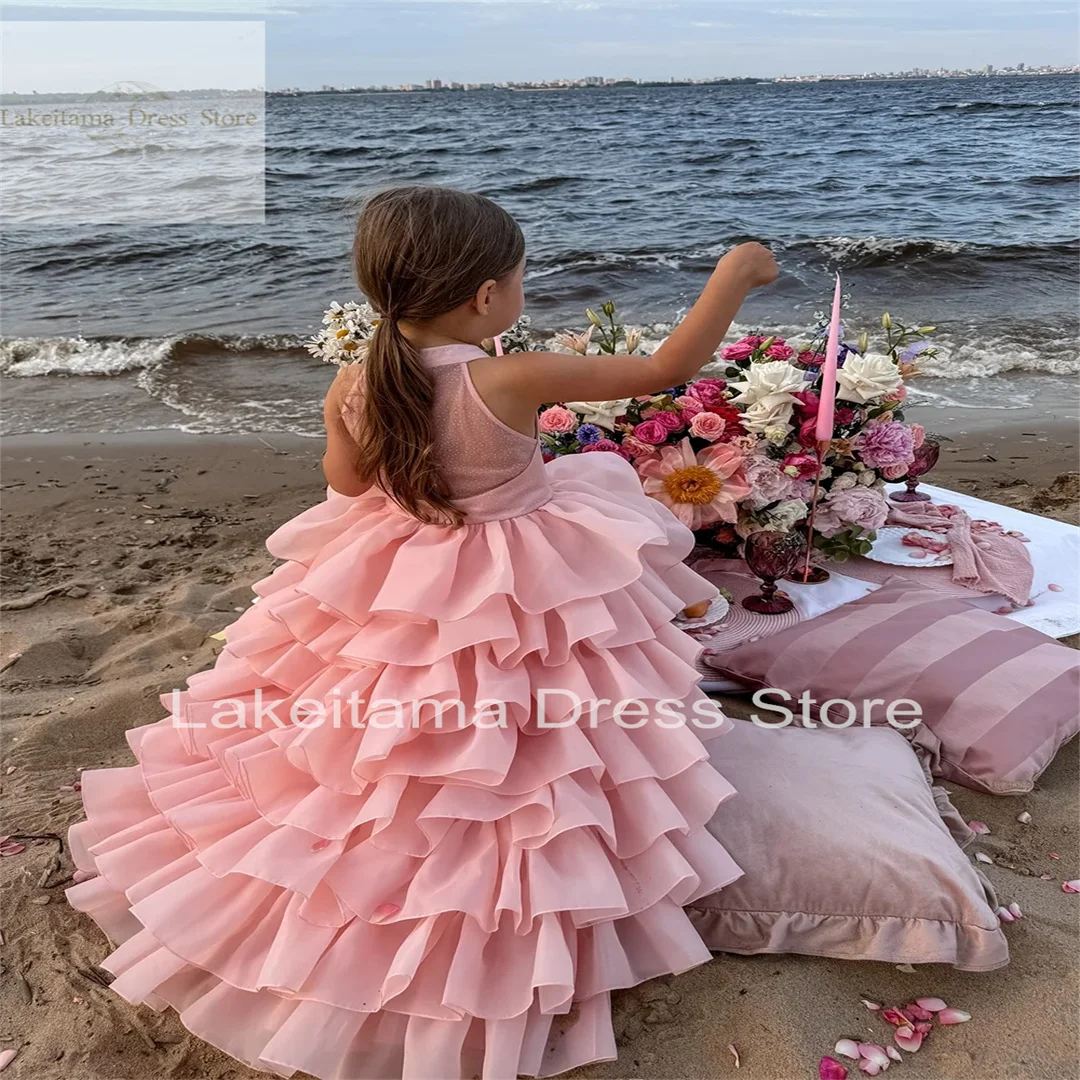 Wedding Light Pink Layered Ruffles Sleeveless Princess Flower Girl Dress For Child First Eucharistic Birthday Party Dress