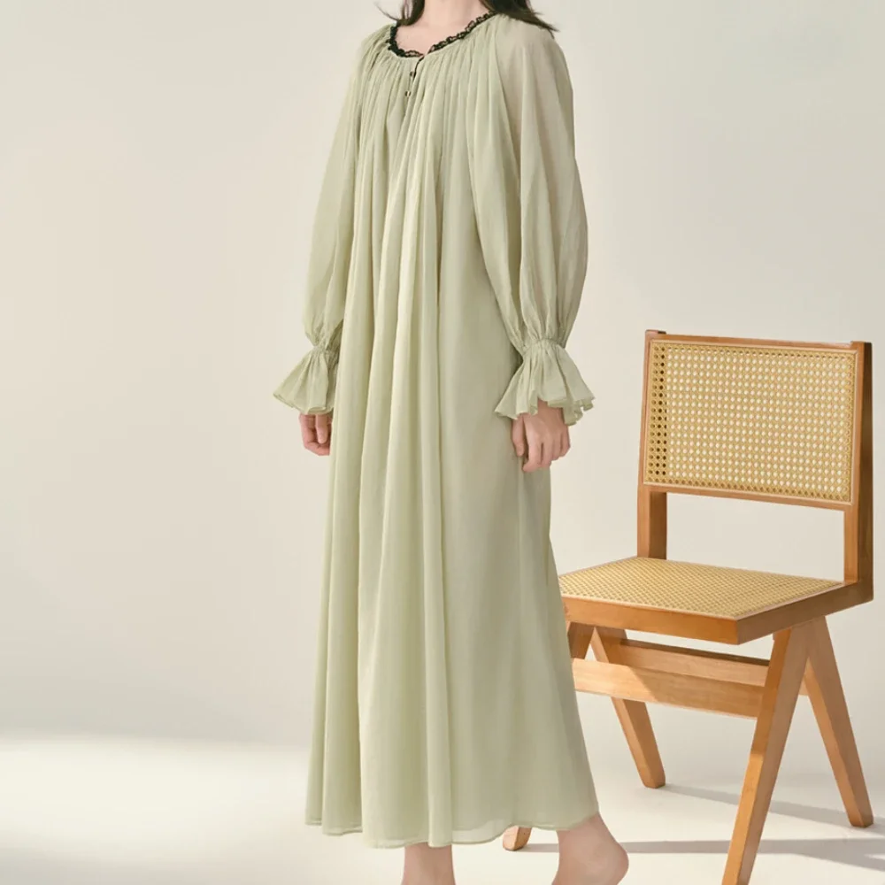 Pigiama stile corte francese camicie da notte a maniche lunghe in cotone verde da donna con imbottitura sul petto camicie da notte integrate abito primavera autunno