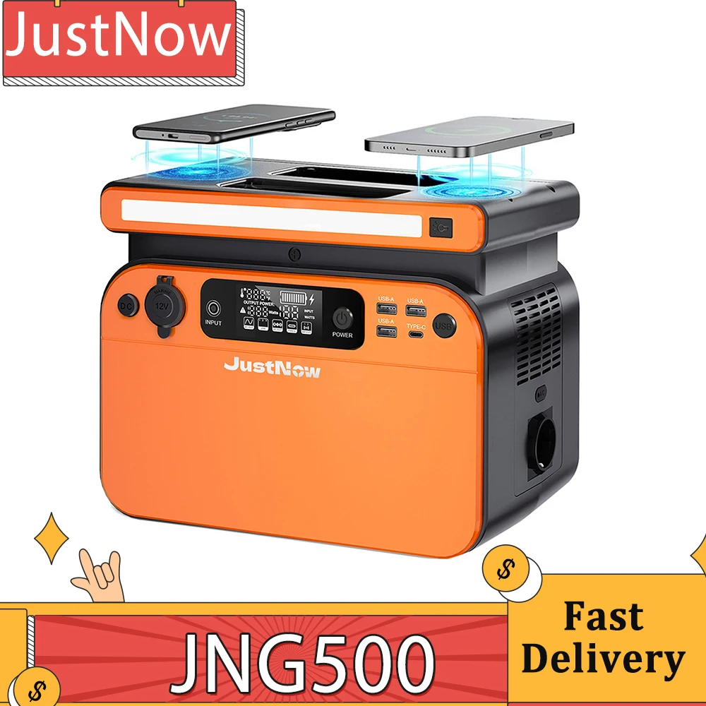 JustNow 500W Portable Power Station, 518Wh LiFePO4 Battery, with AC/Car Port/USB Output, LCD Display, Dual 10W Wireless Charging