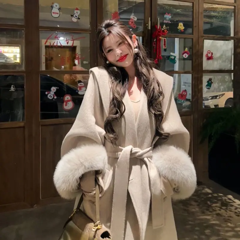 

Cashmere Wool Blends Coat Winter Autumn Women Jacket Faux Fox Fur Loose Thick Warm Outerwear Korean Fashion Streetwear