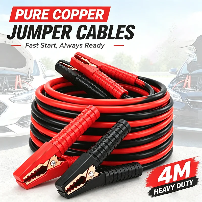 4M Pure Copper Jumper Cables Heavy Duty Car Battery Booster Cable Emergency Jump Start Wire Fully Enclosed Clamp Automotive