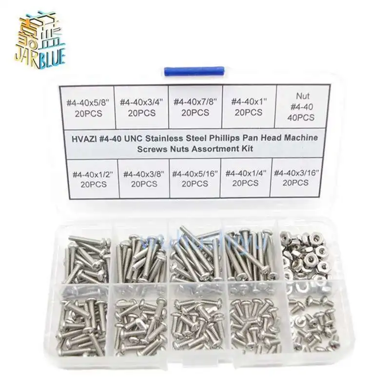220pcs #4-40 UNC Stainless Steel Phillips Pan Head Machine Screws Nuts Assortment Kit