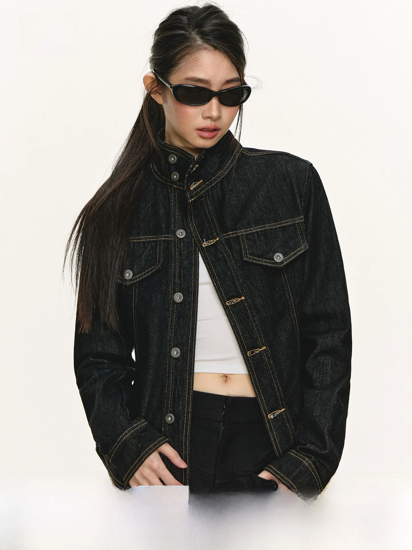 

Джинсовая куртка Anna Aneae для женщин, весна-осень, оригинальная джинсовая структура, прямой крой, на пуговицах, с воротником-стойкой, длинный рукав