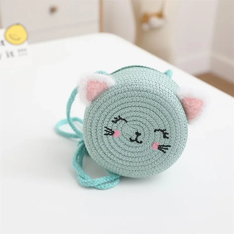 1 Piece of Children\'s Cartoon Cute Three-dimensional Cat Ears Trend Girl Straw Fashion Sweet Mini Change Straddle Bag