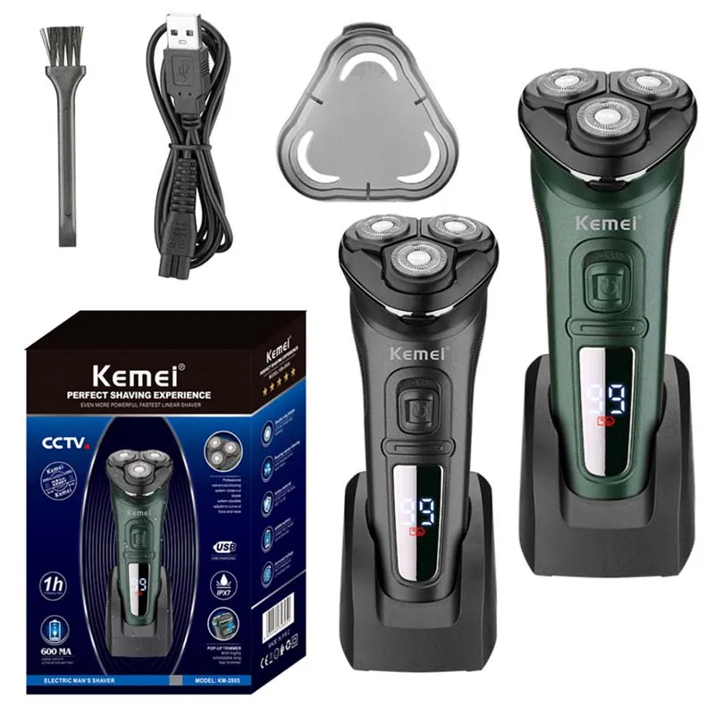 Kemei Washable 3D Electric Shaver For Men Wwet Dry Beard Wlectric Razor Rechargeable Facial Shaving Machine LED Display