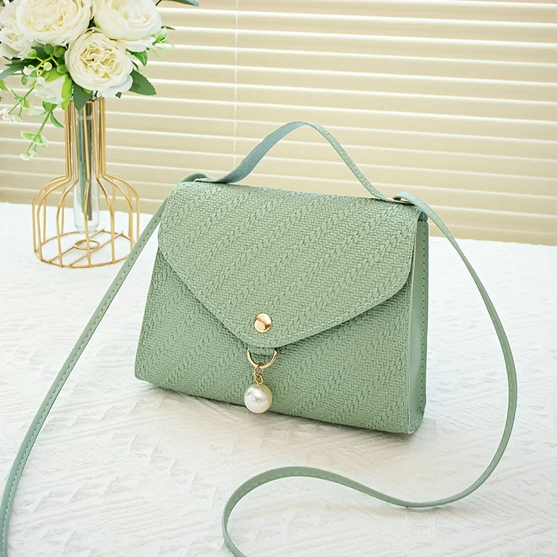 Women's Casual Bead Crossbody Bag, Adjustable Shoulder Strap, Fresh and Sweet Pearl Single Shoulder Small Square Bags