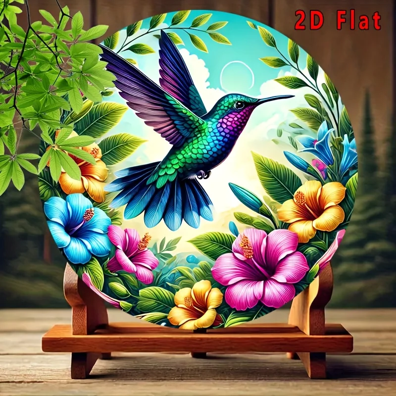 2D Flat, 1pc Charming Hummingbird & Floral Round Metal Tin Sign - Vintage-Inspired Aluminum Wall Decor with Vibrant Hummingbird