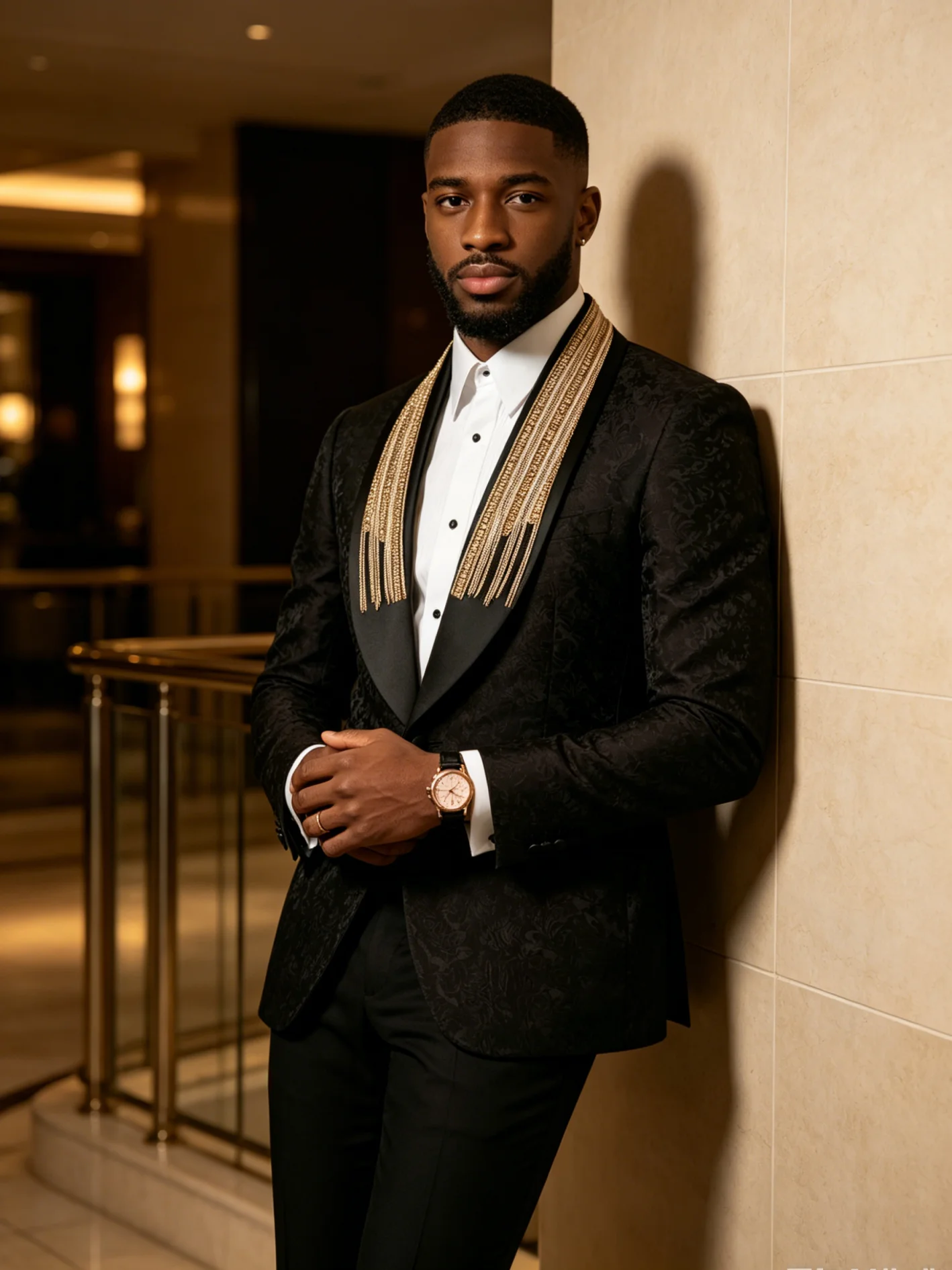 Elegant Gold Fringe Men's Tuxedo Jacket Embroidered Black Satin Lapel Single-Breasted Formal Wedding Prom Blazer Customized