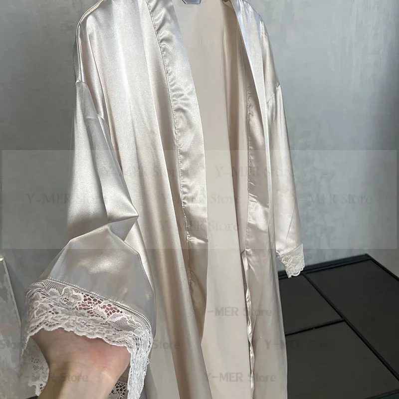 

Женский свадебный атласный халат, сексуальный халат с кружевной отделкой, кимоно, короткая одежда для сна, интимное белье, однотонная ночная рубашка, домашняя одежда