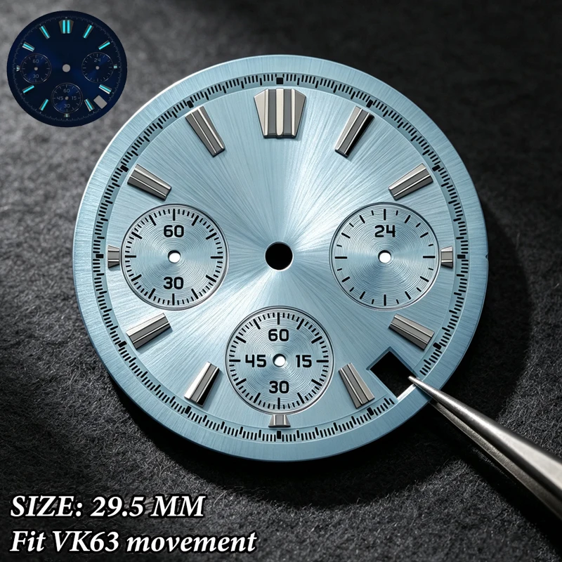 29.5mm Luminous Dial VK63 Blue-green BGW9 Faces with Ice Blue for VK63 Quartz Movement Accessories VK63 Hands Movement Part